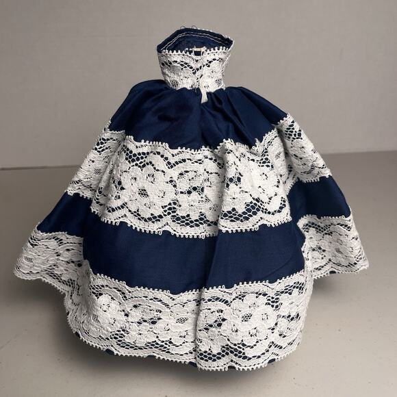 Vintage Handmade Barbie Dress Southern Belle Gown Navy Blue White Lace OOAK - Picture 7 of 16